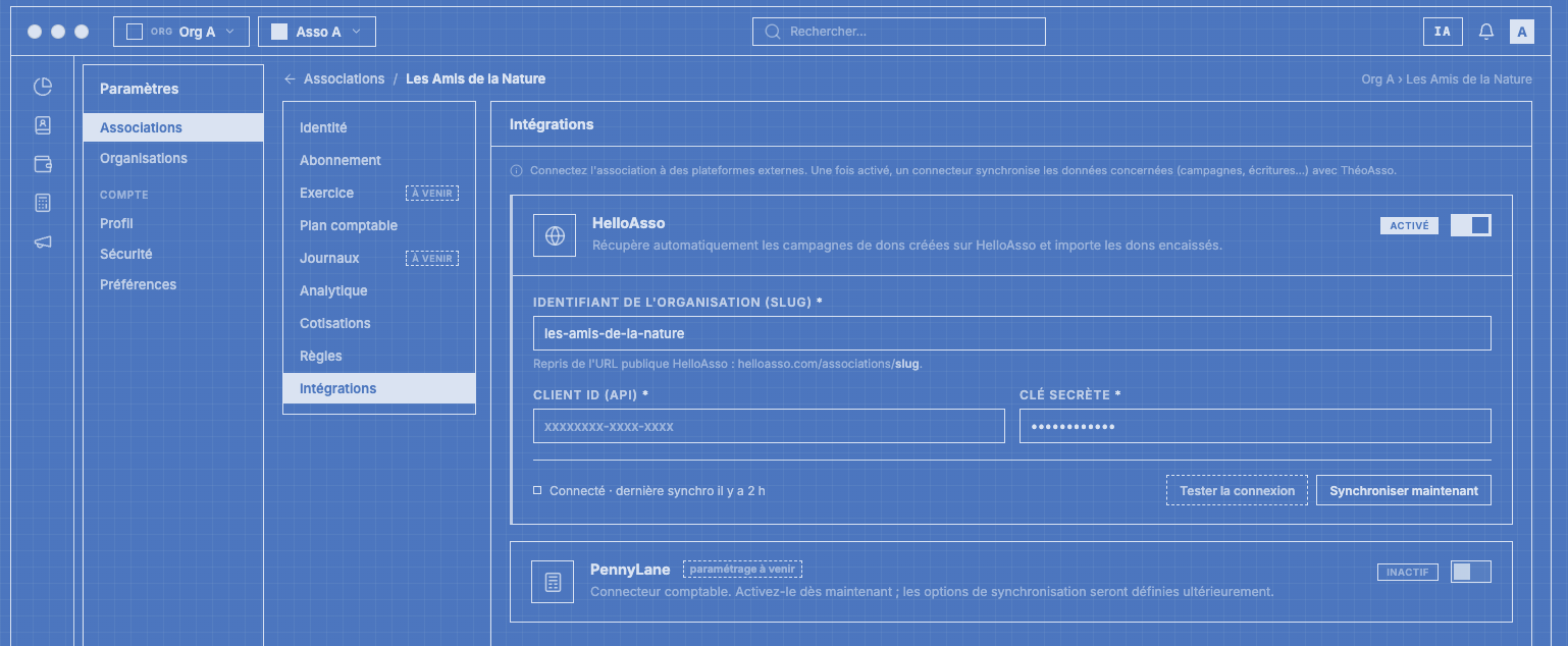 Paramétrage des intégrations HelloAsso et Pennylane
